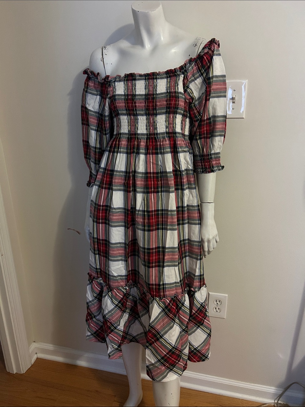 Ángele. H Paris- Off-Shoulder Plaid Midi Dress in Red and White